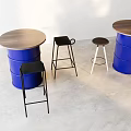 Modern Interior Bar Counter With Blue Barrel Base Wooden Top And Bar Stools
