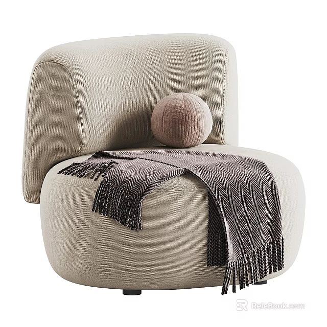 Cozy Beige Fabric Single Sofa With Soft Gray Blanket And Tassel Decorative Details 3d model 