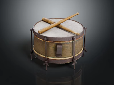 Vintage Metal Frame Drum With White Drumhead And Crossed Drumsticks On Stands 3d model