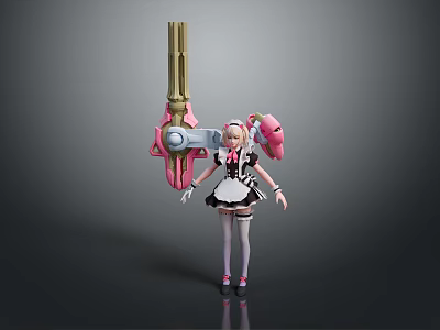 3D Game Character in Maid Outfit with Blonde Hair Pink Accents and Large Mechanical Weapon 3d model