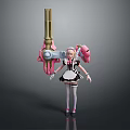 3D Game Character in Maid Outfit with Blonde Hair Pink Accents and Large Mechanical Weapon
