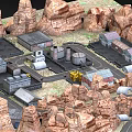 Cartoon Scene 3D Model Town Layout With Rocky Borders Roads And Buildings