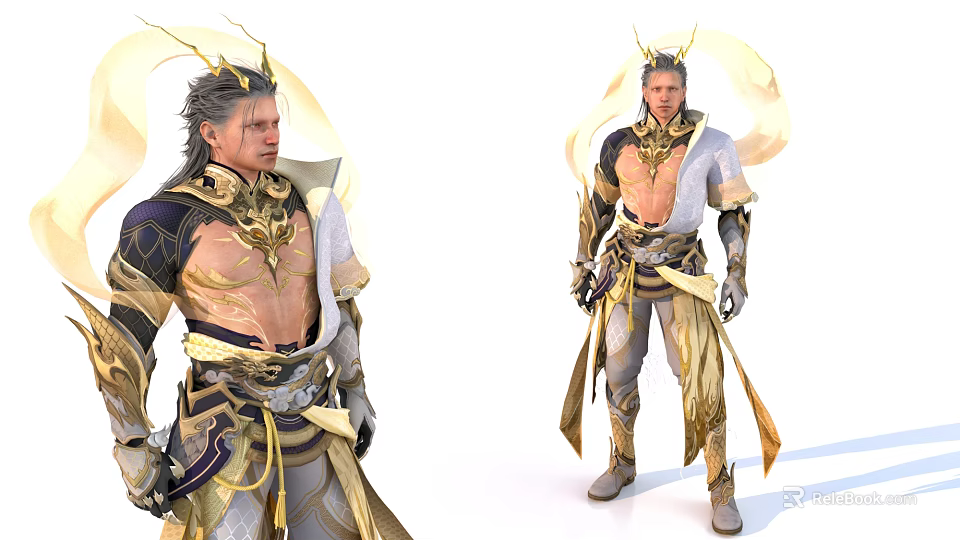 Man In Intricate Gold And White Warrior Armor With Flowing Decorations 3d model 