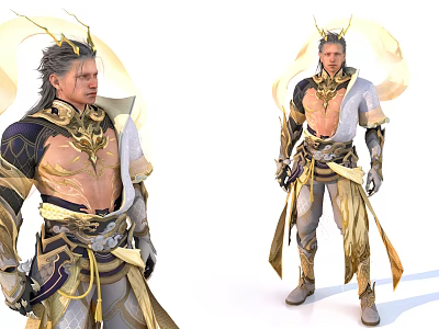 Man In Intricate Gold And White Warrior Armor With Flowing Decorations 3d model