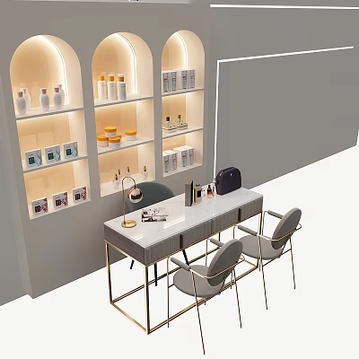 Modern Table And Chairs Set With Cosmetics Display Shelves Warm Lighting And White Countertop 3d model