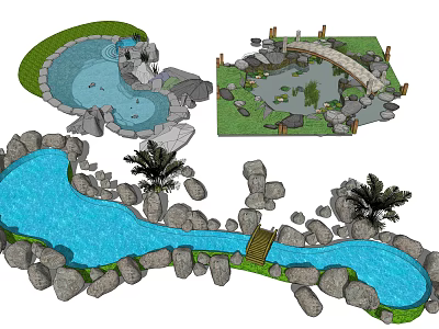Decorative Garden Ornament Features With Curved Stream Rock Formations Small Bridge And Palm Trees 3d model