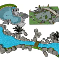 Decorative Garden Ornament Features With Curved Stream Rock Formations Small Bridge And Palm Trees