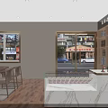 Modern Tobacco and Alcohol Store Interior With Wooden Shelves Marble Counter Tables And Chairs