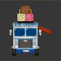 Blue And White Ice Cream Truck With Red White Striped Awning And Waffles On Top