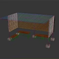 Modern Bus Stop With Blue Roof Red Perforated Fence Green Side Panel And Benches