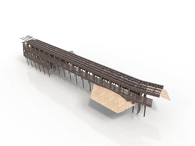 Detailed Architectural 3D Model Of Wooden Long Structure With Support Pillars And Sandy Base 3d model