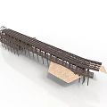 Detailed Architectural 3D Model Of Wooden Long Structure With Support Pillars And Sandy Base