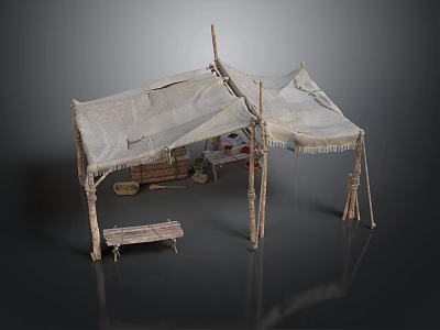Traditional Rustic Tent Structure With Canvas Cover Wooden Poles Bench And Crates 3d model