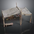Traditional Rustic Tent Structure With Canvas Cover Wooden Poles Bench And Crates