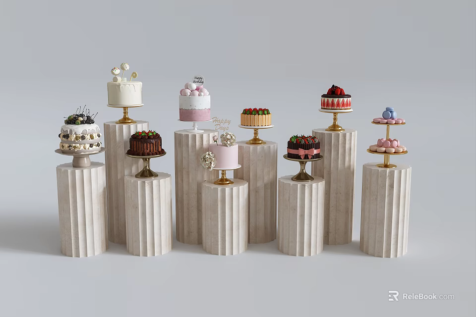 Shop Window Display With Various Cakes And Desserts On White Pillar Stands 3d model 
