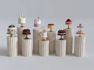 Shop Window Display With Various Cakes And Desserts On White Pillar Stands 3d model
