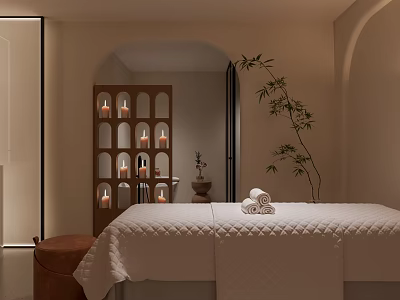Tranquil SPA Room With Massage Bed Towels Candles And Bamboo 3d model