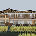 Traditional Rural Guesthouse Architecture With Wooden Structure Grassland Pond And Natural Surroundings