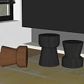 Modern Wooden Stools In Contemporary Interior With Black Cabinets And Carpet