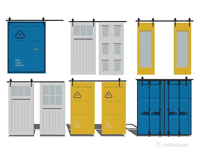 Assorted Color Swing Doors With Glass Panels Warning Signs And Double Designs 3d model 