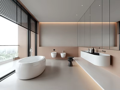 Modern Bathroom Interior With Large Window Blinds Large Mirror Freestanding Bathtub And Two Toilets 3d model