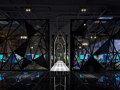 Modern Internet Cafe Interior Design With Geometric Partitions Computers Comfortable Seats And Lighting 3d model
