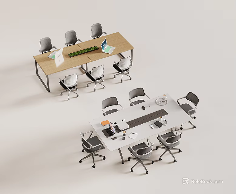 Modern Conference Tables With Wooden And White Surfaces Office Chairs Laptops And Documents 3d model 
