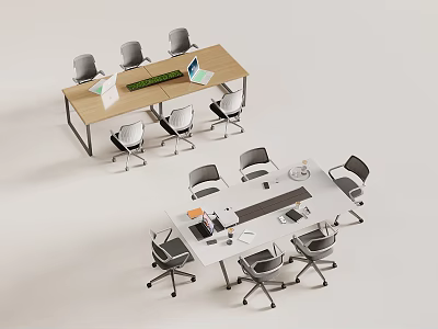 Modern Conference Tables With Wooden And White Surfaces Office Chairs Laptops And Documents 3d model