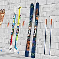 Sports Equipment Display Featuring Various Colorful Skis And Ski Poles