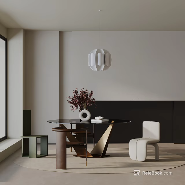 Modern Dining Table Set With Gold Metal Frame White Chairs Pendant Light And Flower Vase 3d model 