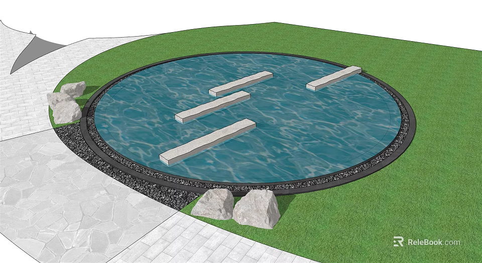 Garden Ornament Featuring Circular Pond Stepping Stones Green Lawn Paved Path And Black Gravel 3d model 