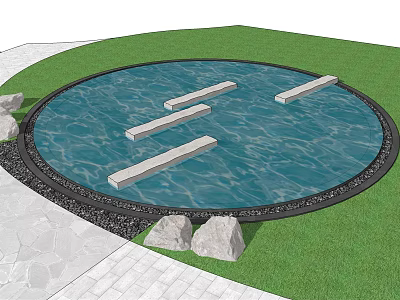 Garden Ornament Featuring Circular Pond Stepping Stones Green Lawn Paved Path And Black Gravel 3d model