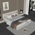 Cozy Modern Double Bed with Bedside Tables Decorative Painting and Floor to Ceiling Windows