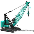 Teal Tracked Industrial Crane With Extended Boom And Lifting Hook For Construction Projects