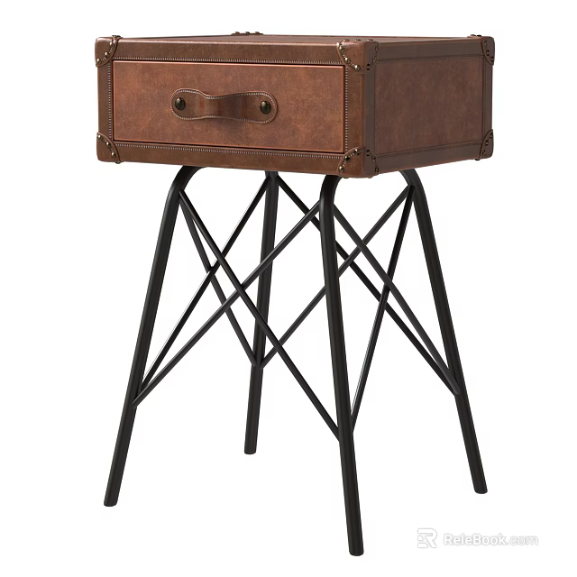 Retro Style Bedside Table With Leather Drawer And Black Metal Crossed Legs 3d model 
