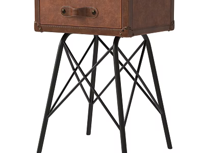 Retro Style Bedside Table With Leather Drawer And Black Metal Crossed Legs 3d model