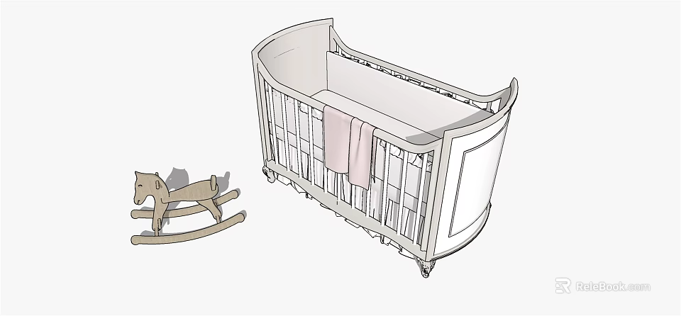 Classic White Baby Crib With Wooden Rocking Horse And Pink Towel 3d model 