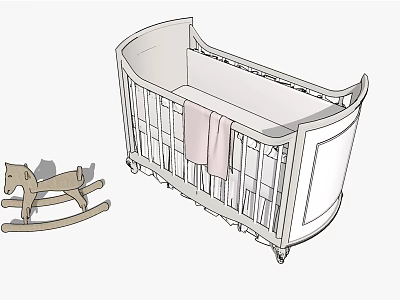 Classic White Baby Crib With Wooden Rocking Horse And Pink Towel 3d model