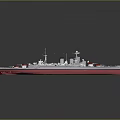 Detailed Warship Model Featuring Red Bottom Gray Superstructure Turrets and Deck Equipment 3d model