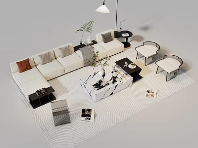 Modern Living Room White Sofa And Coffee Table Set With Marble Top Area Rug And Green Plant 3d model
