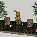 Yellow Garden Ornament Sitting On Tree Stump With Green Grass Round Lights And Palm Plants