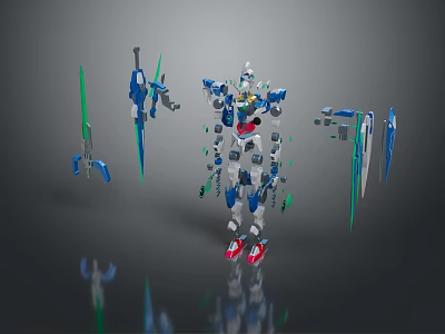 Game Movie Character 3D Mech Model Blue And White With Green Weapons And Detachable Parts 3d model
