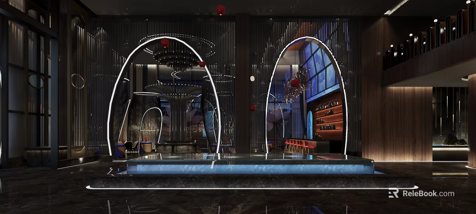 Modern Luxury Shop Front Desk With Curved Arch Lighting Decor Marble Countertop And Glass Partition 3d model 