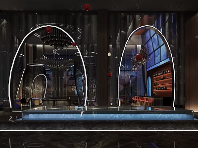 Modern Luxury Shop Front Desk With Curved Arch Lighting Decor Marble Countertop And Glass Partition 3d model