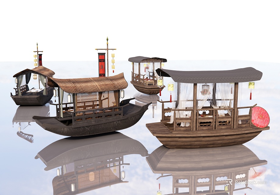 Traditional Wooden Boats With Canopies Decorative Flags And Classic Oriental Design 3d model 