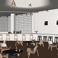 Modern Tea House Interior With Wooden Floors Bar Stools Round Tables And Green Plants