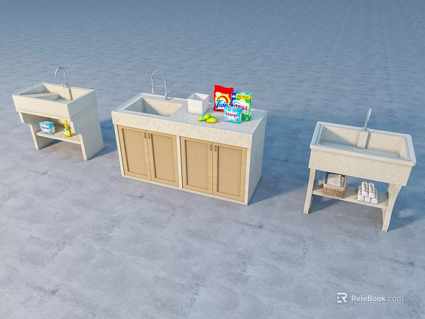 Three Different Sink Vanity Designs With Cabinet And Toiletries On Countertop 3d model 