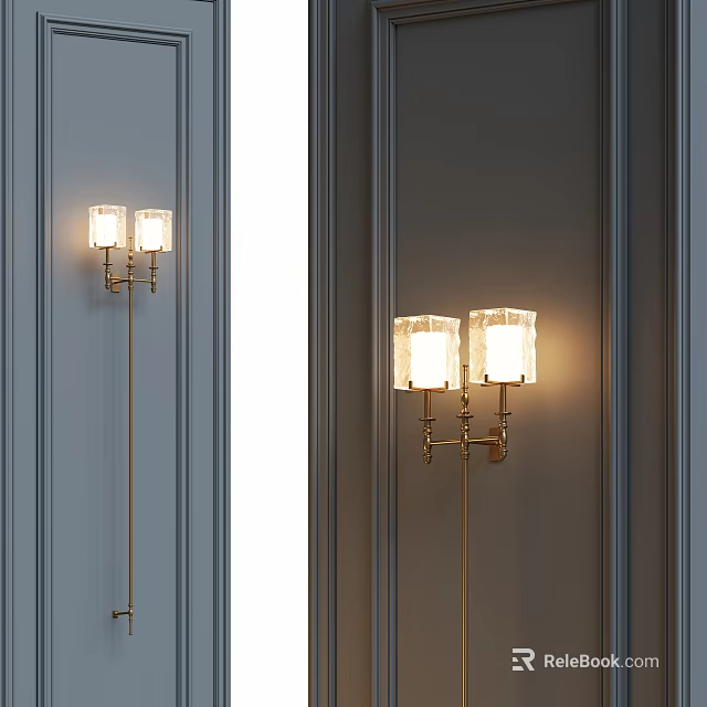 Two Elegant Gold Wall Lamps With Glass Shades On Gray Walls 3d model 