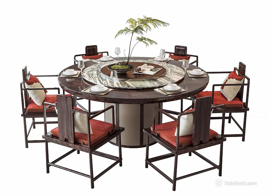 Round Chinese Style Dining Table Set With Red Cushioned Chairs And Turntable Plant Decoration 3d model 