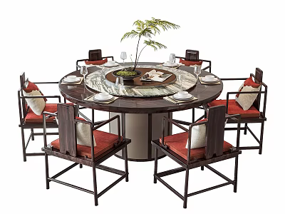 Round Chinese Style Dining Table Set With Red Cushioned Chairs And Turntable Plant Decoration 3d model